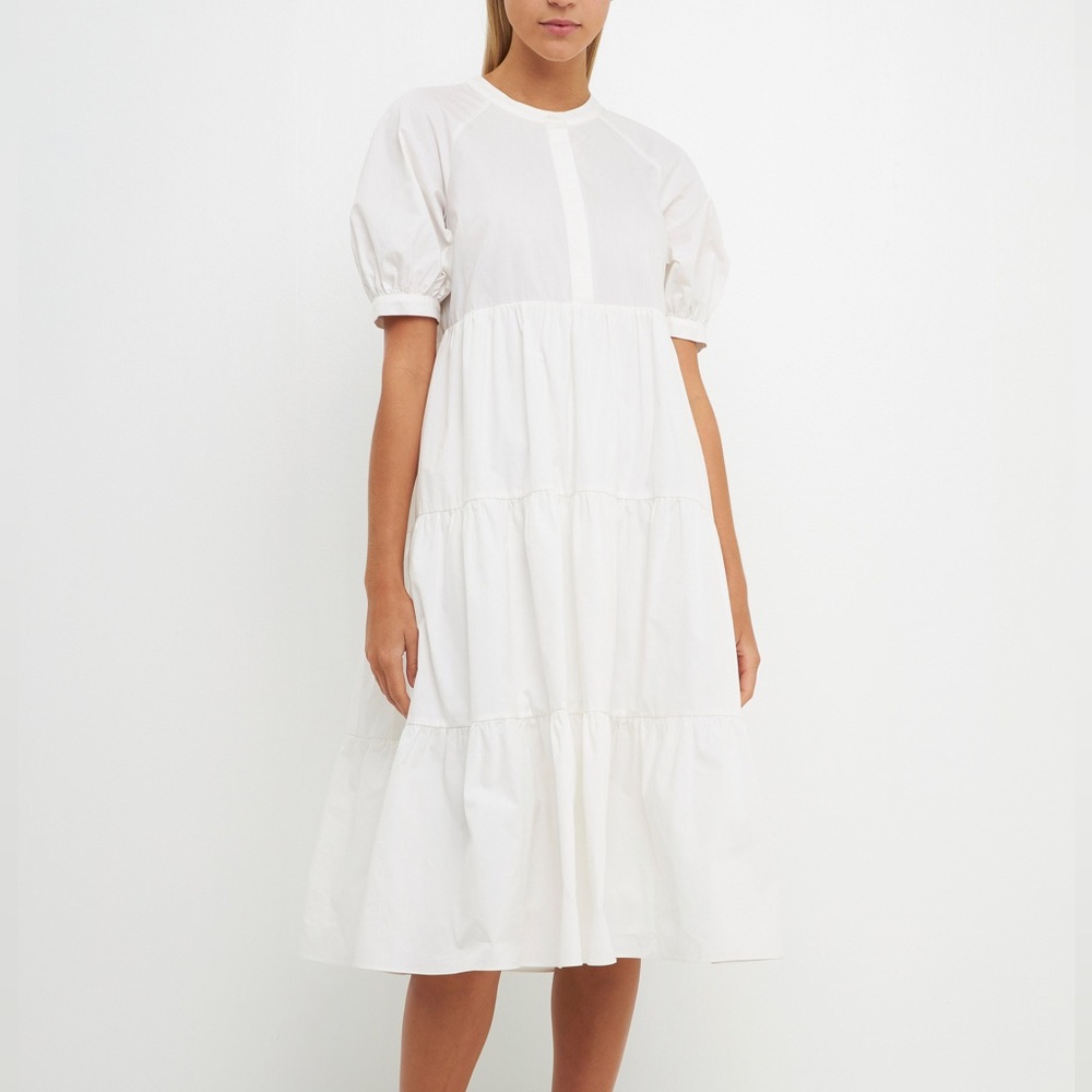 English Factory 100% cotton midi white tiered dress with puff sleeves and pocket